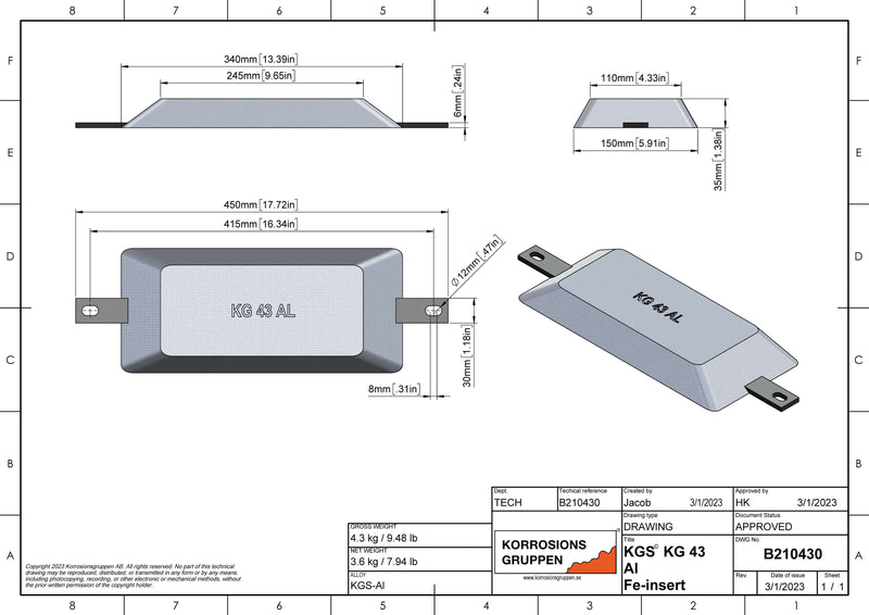 Anode en aluminium TYPE 43 - 330 * 150 * 35