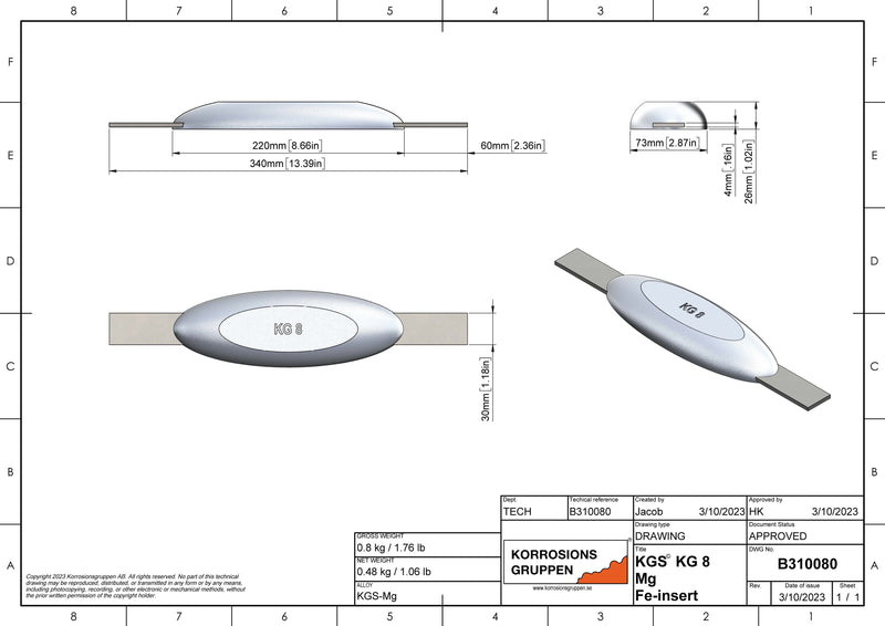 Anode en magnésium TYPE 8 - 220 * 73 * 26, (340 mm), environ 0,72 kg. AZ63-1.5VDc